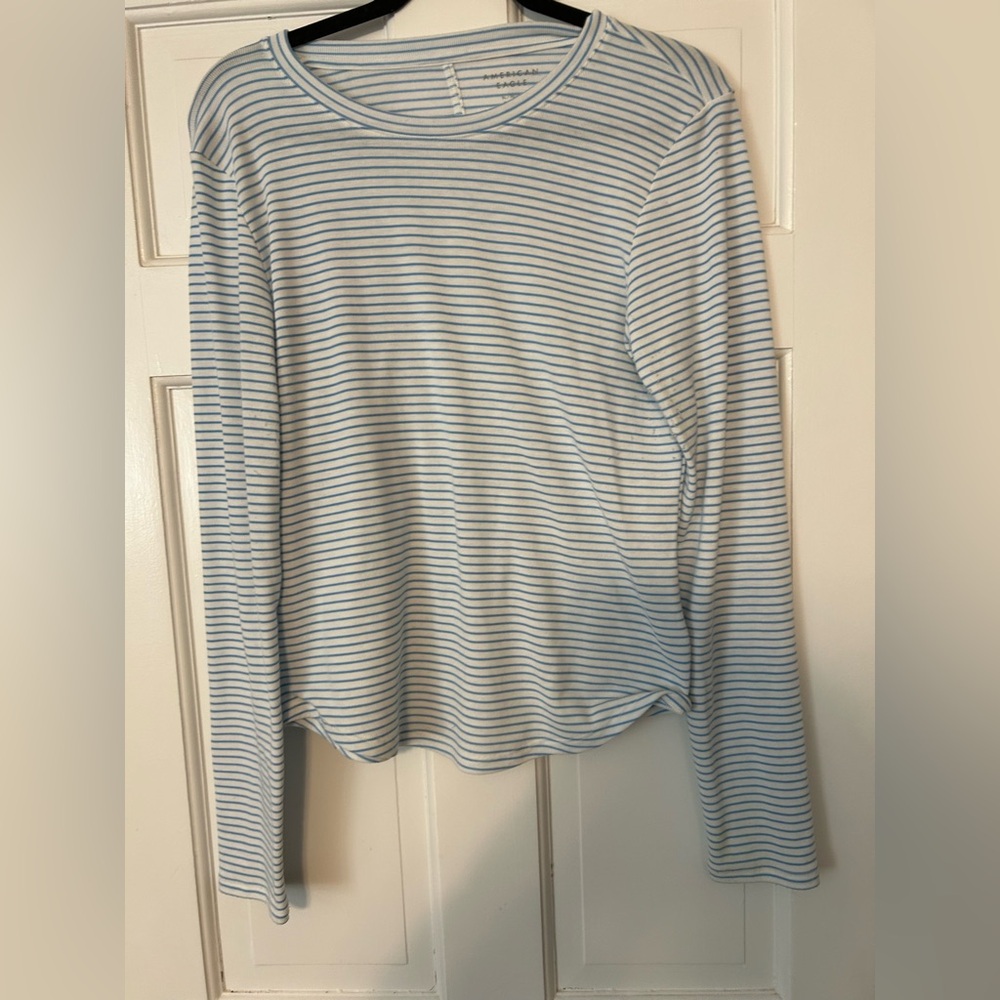American Eagle Outfitters Light Blue & White Striped Long-Sleeve Crewneck
